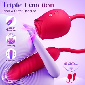 Rose-themed erotic toy with G-spot vibrator and 10 suction modes to stimulate the clitoris and nipples. Double-headed design. Adult sex toy, perfect for couples.